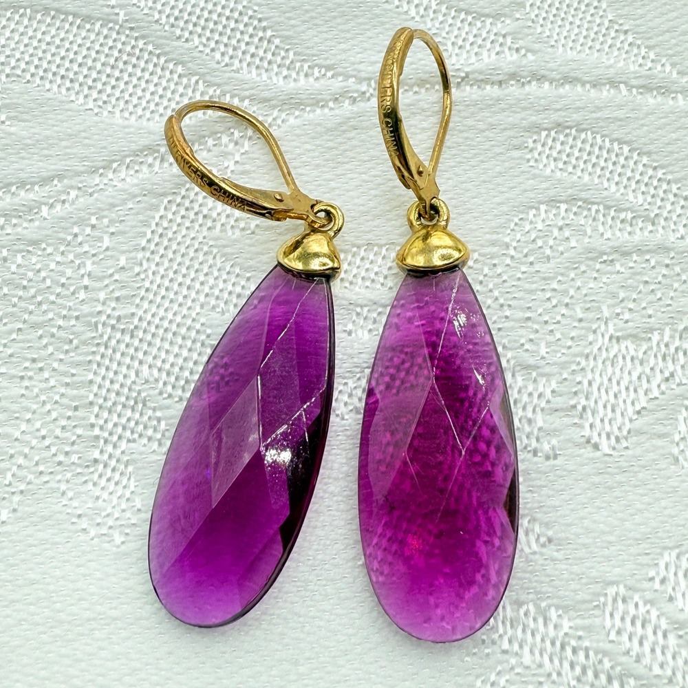 Vintage Joan Rivers Purple Acrylic Gem Teardrop Earrings on Gold Tone Leverbacks